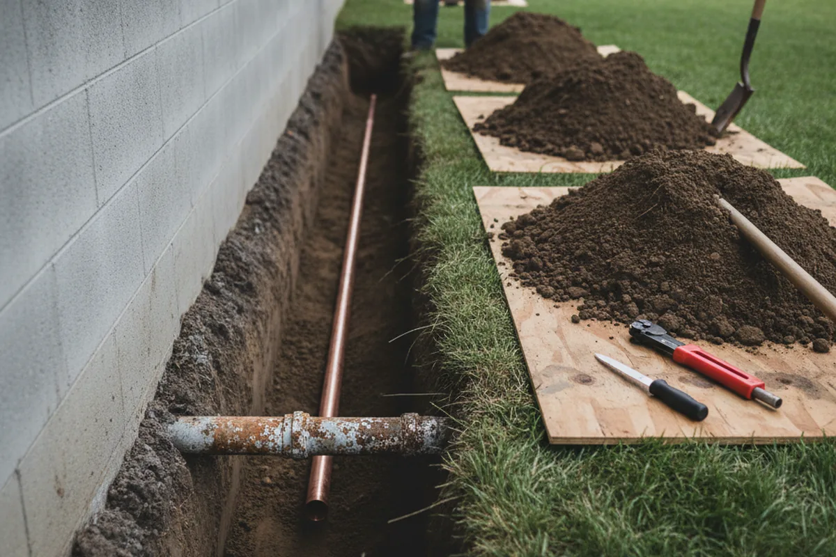 Excavated water line trench during Water Softener Installation in North Windham